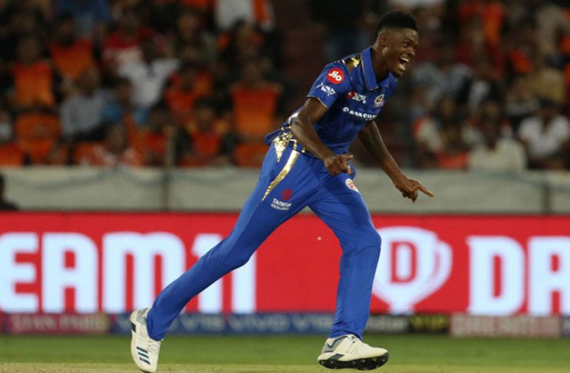Alzarri Joseph wheels away in celebration after completing a five-for. (BCCI photo) 