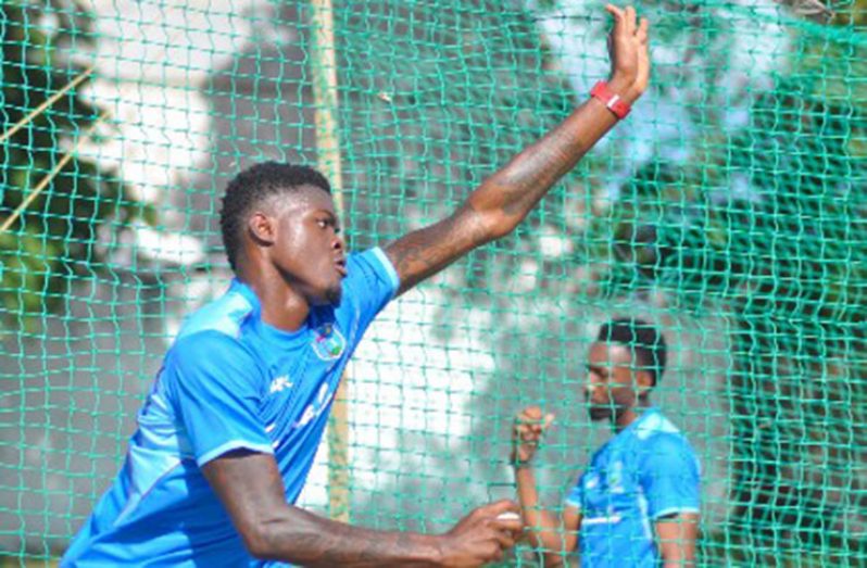 Fast bowler Alzarri Joseph sends down a delivery duing training ahead of the opening ODI against Ireland.