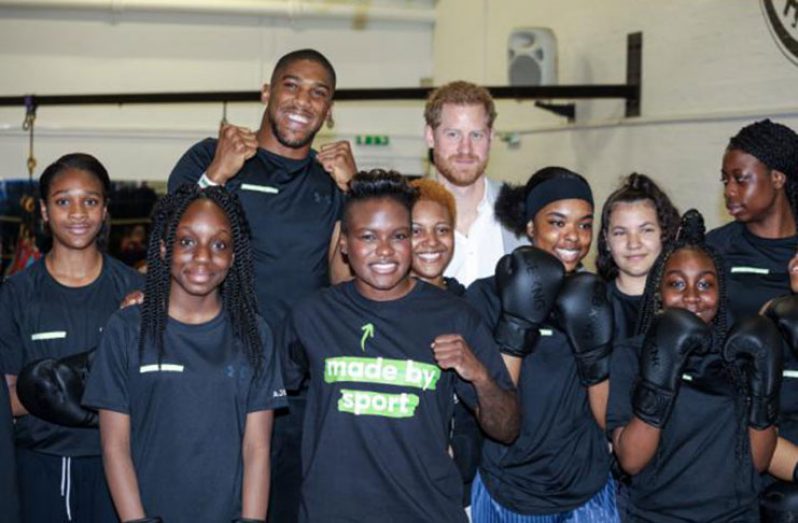 The Duke of Sussex with boxers Anthony Joshua and Nicola Adams (front centre) at the launch of Made by Sport. (Photo: PA)