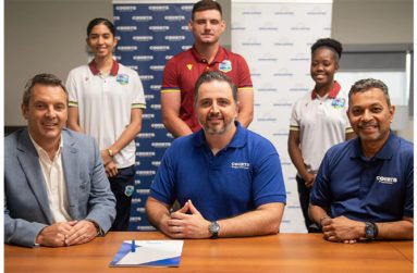 The partnership deal was recently signed in Trinidad by (sitting Left to Right) CWI's Chief Commercial Officer, Rupert Hunter; and VP & Managing Director for Courts Caribbean, Felix Siman; who was accompanied by Regional Marketing Director, Feisal Muradali. Witnessing the signing were West Indies Players (standing Left to Right) Shunelle Shaw, Joshua Da Silva, and Djenaba Joseph.