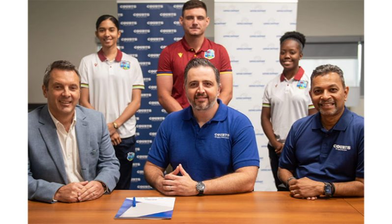 The partnership deal was recently signed in Trinidad by (sitting Left to Right) CWI's Chief Commercial Officer, Rupert Hunter; and VP & Managing Director for Courts Caribbean, Felix Siman; who was accompanied by Regional Marketing Director, Feisal Muradali. Witnessing the signing were West Indies Players (standing Left to Right) Shunelle Shaw, Joshua Da Silva, and Djenaba Joseph.