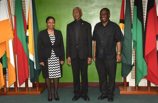 President David Granger flanked by Chief Justice, Justice Roxanne George-Wiltshire and PSC Chairman,Patrick Yarde (Adrian Narine photo)