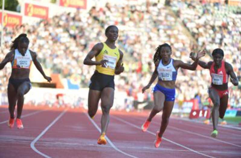 Julien Alfred storms to victory in the women’s 100 metres.
