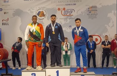 Junior world 74kg deadlift Bronze medallist, Guyanese Dominic Tyrrell (left) with India’s Aren Joy Fernandes (Gold medal) and Sy James Emmanuel of the Philippines who took Bronze