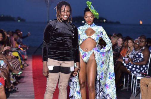 Guyanese designer Mark Junor (left) and a model in one of his pieces from his “Remember Me” collection at Island Fashion Week (photo credit: B. Collins Photography)
