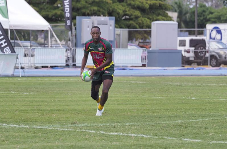 Patrick King in action for Guyana in the Cayman Islands, at this year’s RAN 7s championship. (Photo compliments of RAN)