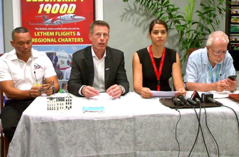 Martijin ten Broecke of Dutch carrier –KLM -addresses the media in the presence of Alexandra Correia of Trans Guyana (second right) and other officials of the local company.