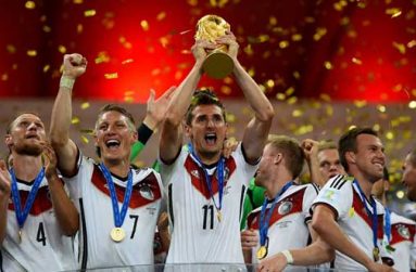 Miroslav Klose of Germany lifts the World Cup to celebrate with his teammates during the award ceremony after the 2014 FIFA World Cup Brazil Final match between Germany and Argentina at Maracana yesterday in Rio de Janeiro, Brazil. (Photo by Shaun Botterill - FIFA/FIFA via Getty Images)