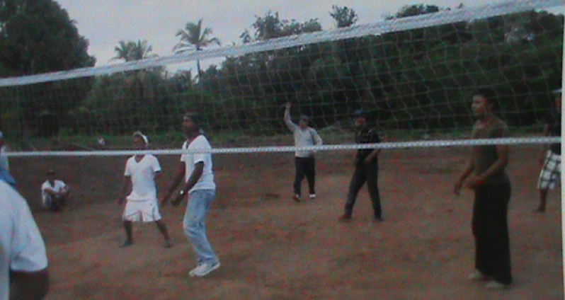 Youths playing a game of volley ball on the newly upgraded ground at Kabakaburi