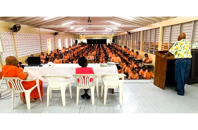 Alvin Kallicharran speaks to the students at Swamy School at CI West Coast Demerara