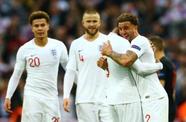 England's Dele Alli, Eric Dier, Joe Gomez and Kyle Walker celebrate after the match REUTERS/David Klein