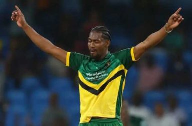 Keemo Paul celebrating one of his three wickets against the St Kitts and Nevis Patriots