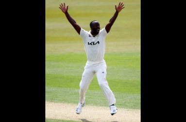Fast bowler Kemar Roach celebrates a wicket during the third day of the County Championship match against Hampshire