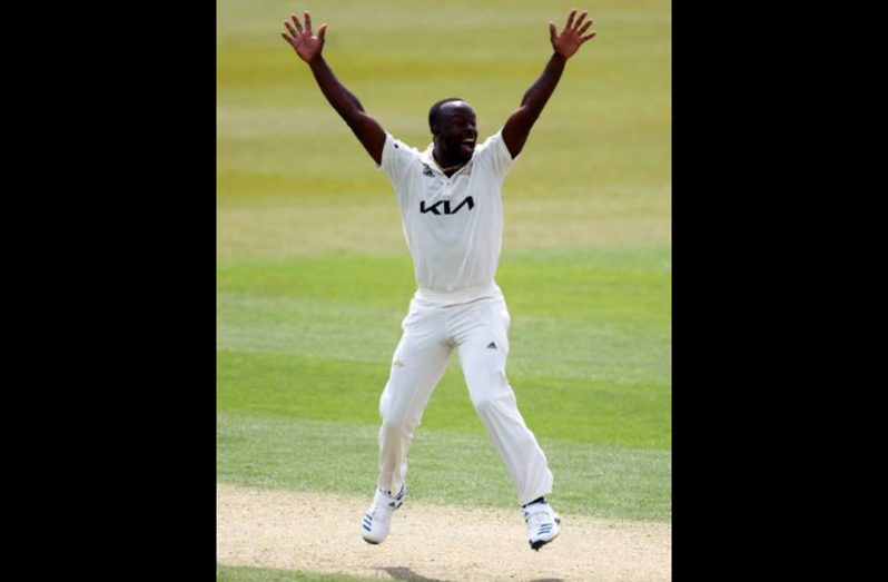 Fast bowler Kemar Roach celebrates a wicket during the third day of the County Championship match against Hampshire