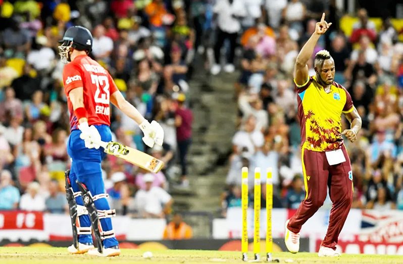 Andre Russell bowled Liam Livingstone to dent England's fightback•Dec 12, 2023•Getty Images