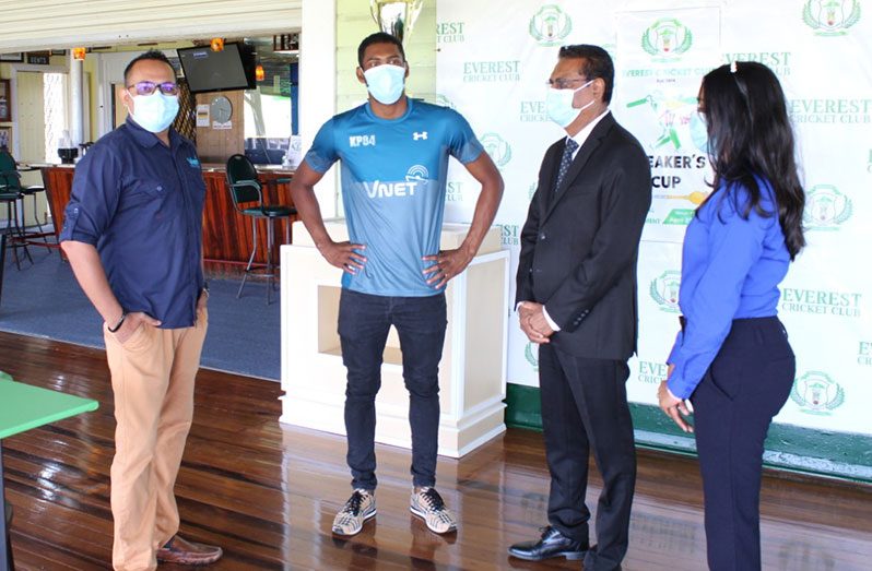 From left: Everest's assistant treasurer Safraz Sheriffudeen, national cricketer Keemo Paul, Everest president Manzoor Nadir, and ECC manager Krista Norton on Tuesday at the club