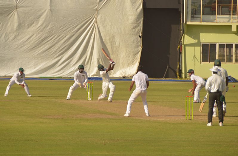 Kenroy Williams hit six boundaries in his 33 before he was dismissed by Gudakesh Motie. (Photos by Adrian Narine)