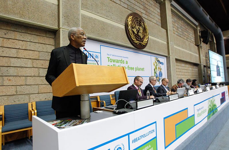 President David Granger addressing the high-level event on Combating Pollution in the Extractive Industries at the United Nations Environment Assembly in Nairobi, Kenya, on Tuesday (UNEA photo)