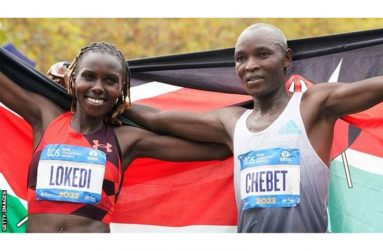 Kenyans Sharon Lokedi and Evans Chebet (right) celebrate their victories in New York.