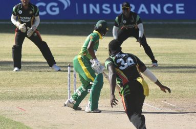 Fast bowler Keon Joseph storms in during his four-wicket burst with the new ball on Monday. (Photo courtesy CWI Media)
