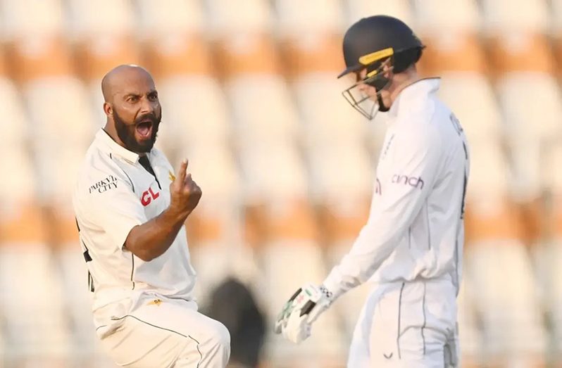 Sajid Khan celebrates the wicket of Ben Duckett  •  Getty Images