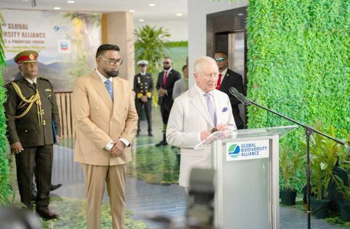 President Dr. Irfaan Ali and Britian's King Charles III during remarks at the second Global Biodiversity Alliance Conference and Financing Forum, held here in Georgetown