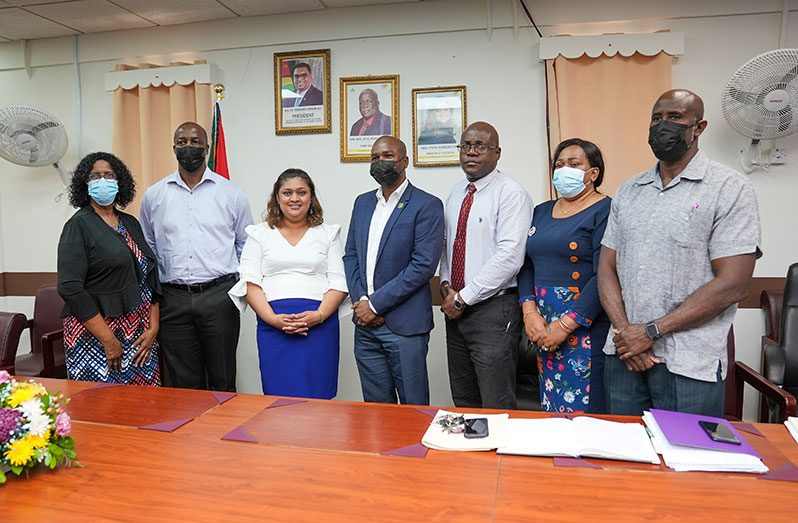 From Left: Administrator of the Unit of Allied Arts, Lorraine Barker-King, Permanent Secretary of the Ministry of Education, Alfred King, Minister Priya Manickchand, GFF president, Wayne Forde,  Education Specialist, Dr. Olato Sam, Assistant Chief Education Officer – TVET, Marcia Paddy and  GFF vice-president Jullian Lovell .