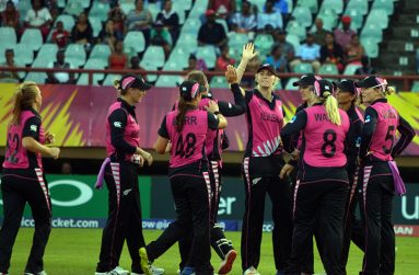 The New Zealand women celebrate their win o Saturday night. (Adrian Narine photo)