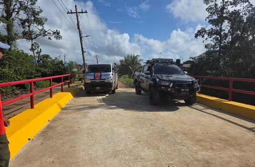Vehicles cross the rehabilitated Kobreimo Bridge in Mabaruma, Region One, demonstrating the structure’s two-lane capacity and restored access along the Main Road (Ministry of Public Works Photo)