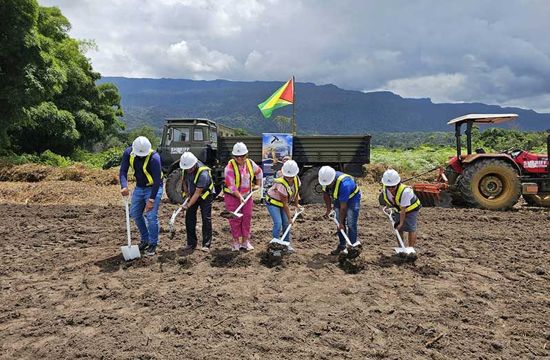 Minister of Education Priya Manickchand (third left) and other officials turning the sod for the new Kopinang Secondary School on Tuesday (Ministry of Education photo)