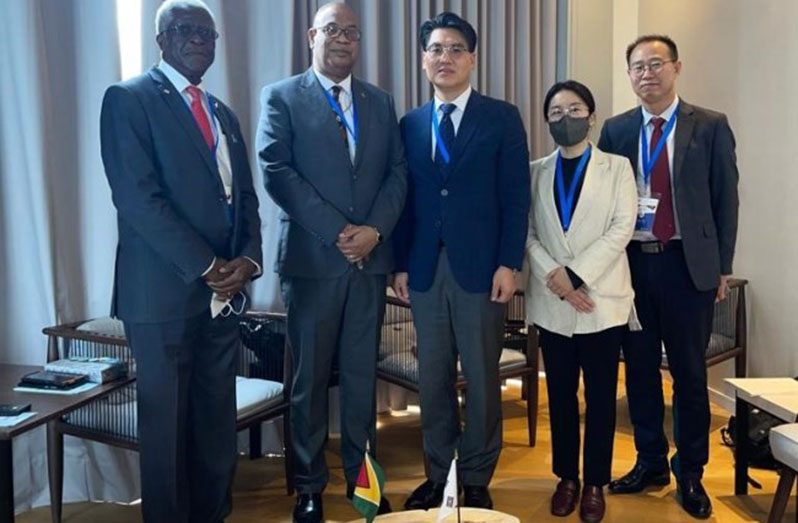 Minister of Public Works, Juan Edghill (second left), and Director-General of the GCAA, Lt. Col (ret’d) Egbert Field (first left), with Korean Ambassador, Sangdo Kim, and his delegation, in Colombia