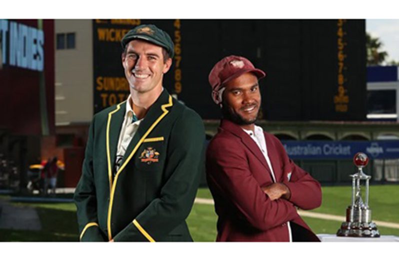 Australia captain Pat Cummins and West Indies captain Kraigg Brathwaite share a photo opportunity with the Frank Worrell Trophy ahead of the first Test between their two sides starting on Wednesday in Adelaide (CA photo)