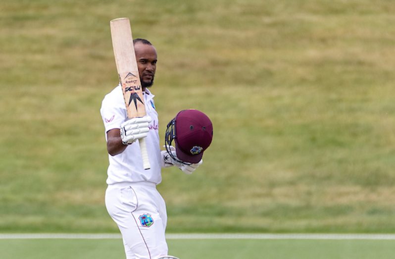 West Indies opener Kraigg Brathwaite drives through the off-side to reach his double-hundred against New Zealand ‘A’ on the second day of a four-day, first-class tour match yesterday, at John Davies Oval in Queenstown, New Zealand. (NZC image)