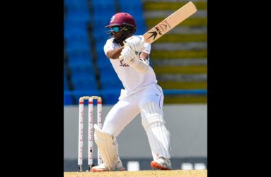 Captain Kraigg Brathwaite cuts en route to his unbeaten 99 on day one of the second Test on Monday.