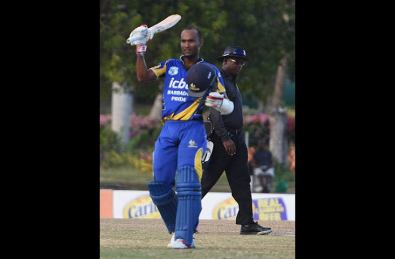 Captain Kraigg Brathwaite celebrates his hundred against Kent Spitfires on Wednesday. (Photo courtesy CWI Media)