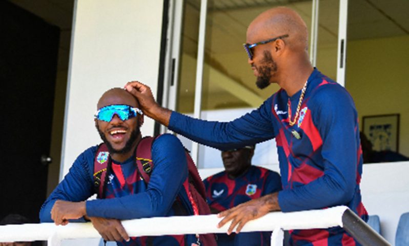 CHILLED: Captain Kraigg Brathwaite and his deputy Jermaine Blackwood share a laugh on the final day of training before the second Test. (Photo courtesy CWI Media)
