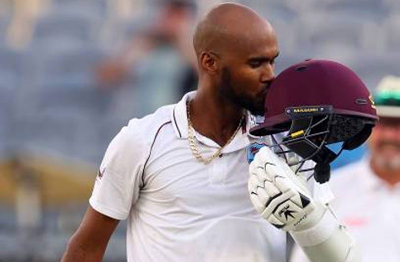 West Indies captain Kraigg Brathwaite celebrates his 11th Test hundred on day four of the opening Test in Perth