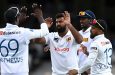 Lahiru Kumara celebrates the wicket of Dan Lawrence