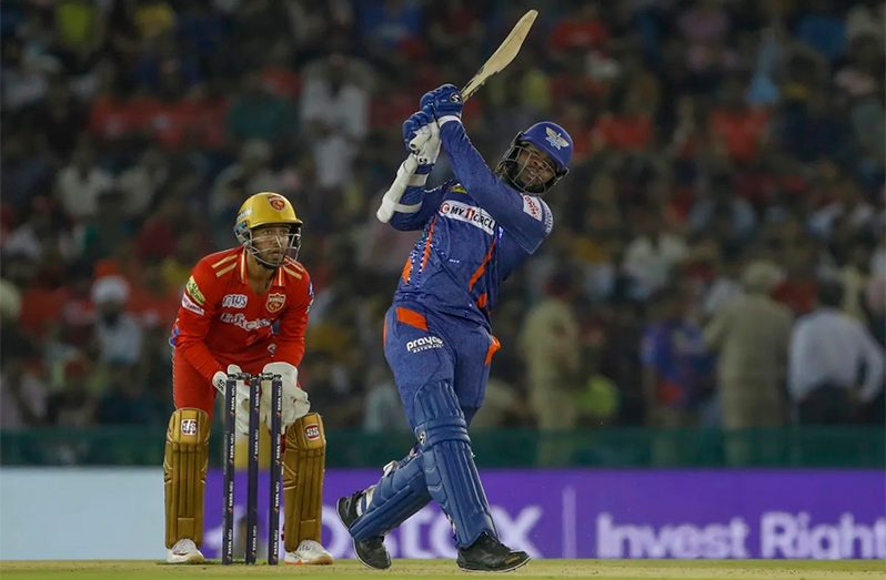 Kyle Mayers blasts one of his boundaries for Lucknow Super Giants against Punjab Kings in the IPL on Friday (IPLT20 photo)