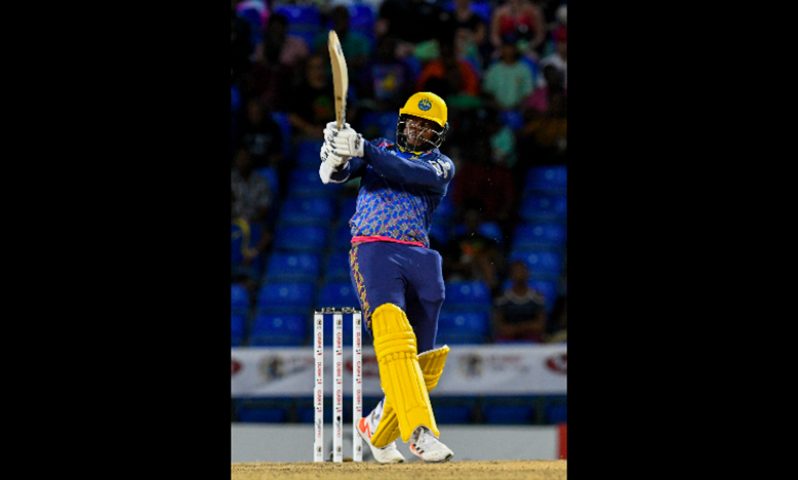 Kyle Mayers goes on the attack during his half-century for Barbados Royals on Thursday (Photo courtesy Getty/CPL)