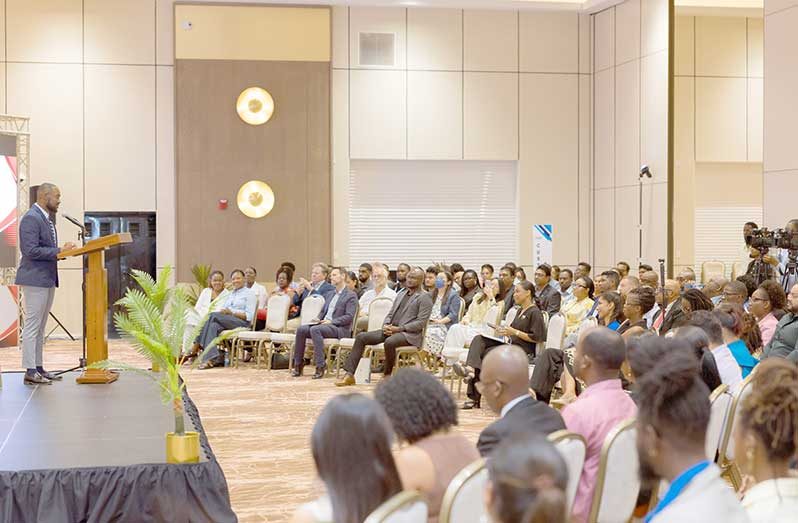 Minister of Labour and Manpower Planning, Keoma Griffith, addresses delegates at the 4th Annual Local Content Summit 2026, calling on public and private sector stakeholders to deepen collaboration in building an inclusive and prosperous Guyana (Photo by Koaito Grant)