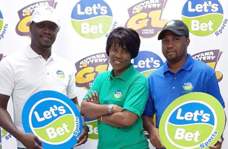 (L-R) The Guyana Lotto Company Let’s Bet Sports team, Rawle Toney (Brand Ambassador), Tracey Lewis (GLC General Manager) and Ian De Barros (Let’s Bet Brand Manager).