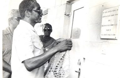President Forbes Burnham unveils a plaque to open the rice research facility of the National Agriculture Institute at Burma, Mahaicony, October 6, 1984. The Institute is now named the Guyana Agriculture Research and Extension Institute (NAREI).