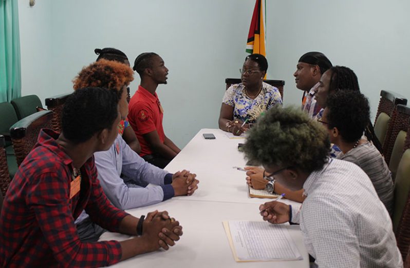Minister of Youth Affairs within the Ministry of the Presidency, Simona Broomes, meeting with members of the Guyana Trans United and LGBTQ+ youths (Vishani Ragobeer photo)