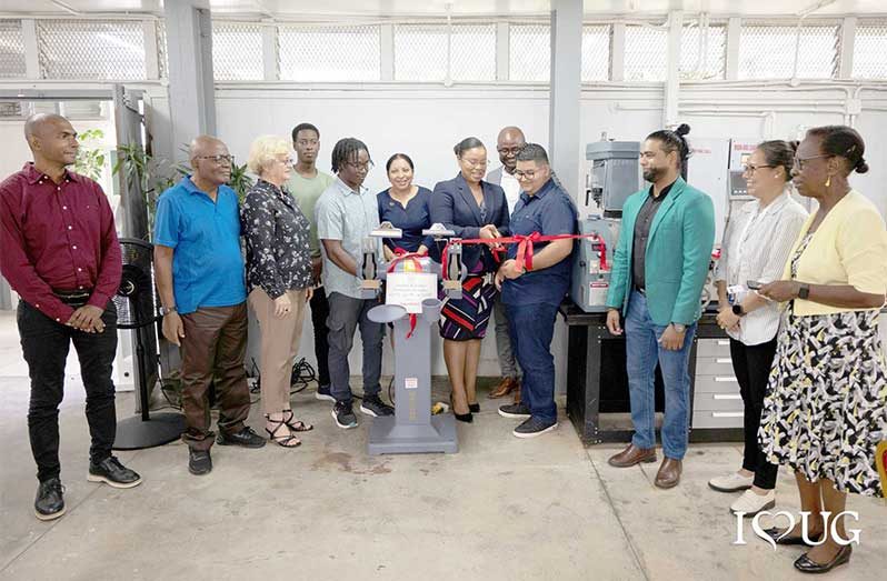 L–R: FET’s Lab Technicians, Mr Kishan Jhandoo and Mr Bruce Nigel Haynes; Head of the Department of Mechanical Engineering, Ms Elena Trim; Mechanical Engineering students, Joshua Joseph and Ezron Bishop; Vice-Chancellor, Professor Paloma Mohamed Martin; Community Relations Advisor at ExxonMobil, Ms Lasawhna Prescott; Dean of the Faculty of Engineering and Technology (FET), Dr Kofi Dalrymple; fourth-year Mechanical Engineering student, Dwayne De Costa; Assistant Dean of FET, Mr Basheer Khan; Head of Department of Architecture, Dr Anna Perreira; and former Dean of FET, Ms Verlyn Klass