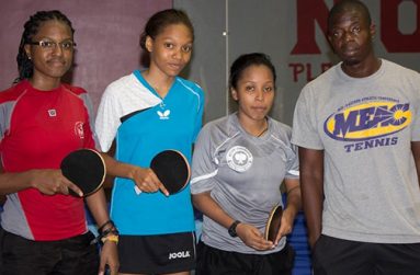 Guyana’s CAC Games-bound Table Tennis players from left are Akecia Nedd, Chelsea Edghill, Natalie Cummings, with coach Idi Lewis.