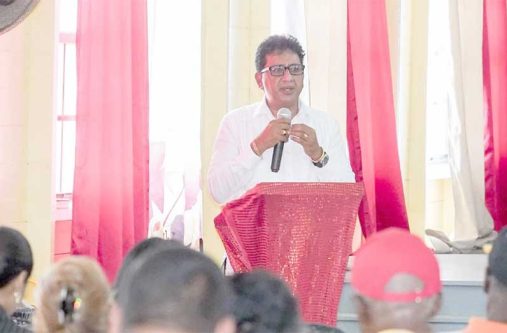 Attorney General and Minister of Legal Affairs, Mohabir Anil Nandlall, SC, MP, on Monday held consultations at the Latchmansingh Primary School, Bush Lot, West Coast Berbice with over 100 residents particularly farmers from Mahaica, East Coast Demerara to Blairmont, West Coast Berbice, whose occupation of lands along the corridor earmarked for the installation of Guyana Power & Light (GPL) transmission cables will be affected