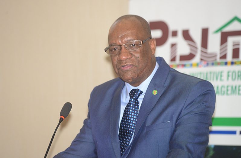 Minister of State, Joseph Harmon as he addressed delegates at the meeting.