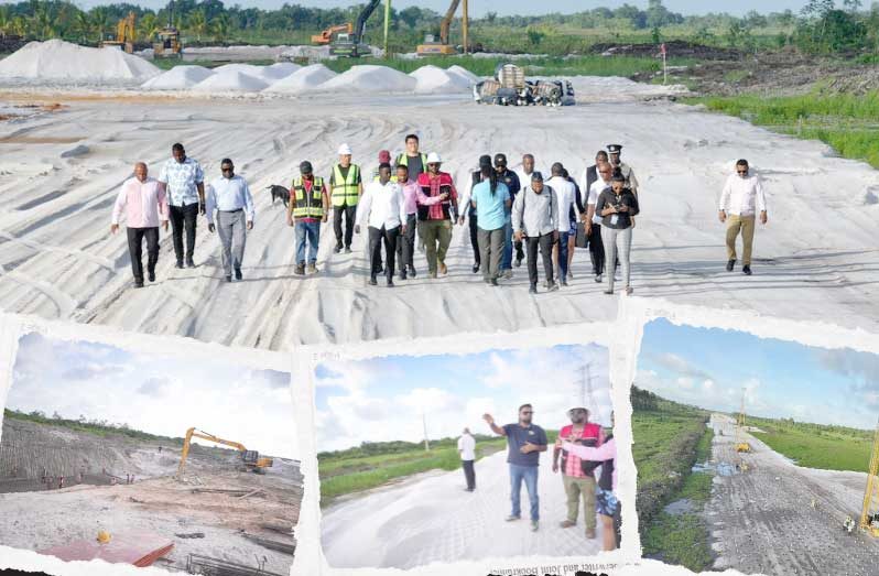 During a site visit to the Land of Canaan–Garden of Eden corridor, President Dr. Irfaan Ali pointed out the use of wick drains driven 10 to 18 metres below the surface to accelerate soil settlement by drawing out water trapped in the soft ground