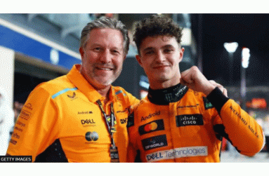 Lando Norris (right) celebrates winning the Abu Dhabi Grand Prix and the constructors' title with McLaren CEO Zak Brown (Getty Images)